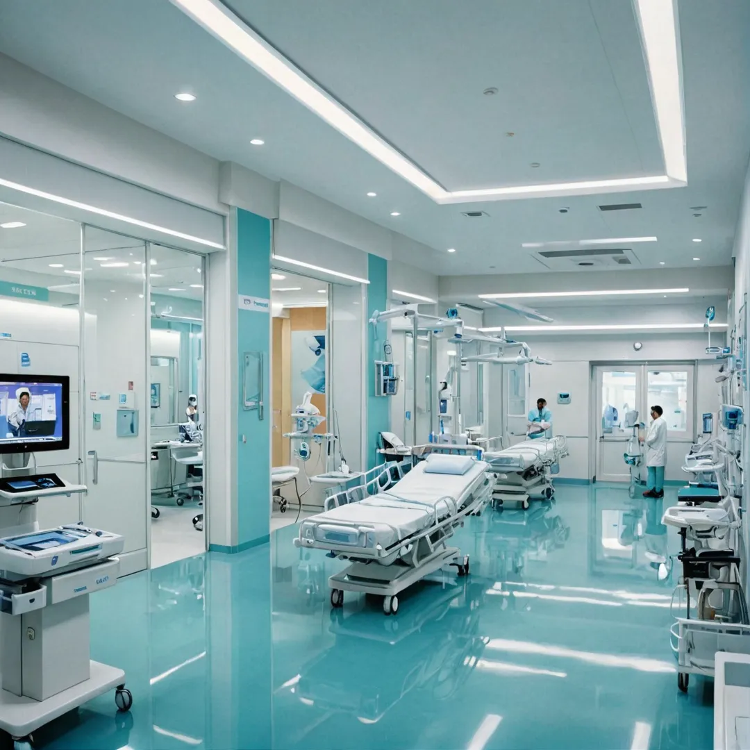 mage of a futuristic hospital interior, sleek and modern design, filled with advanced medical equipment, brightly lit operating rooms, and professional medical staff attending to patients. The scene showcases Alita's commitment to providing top-notch healthcare facilities to its residents.