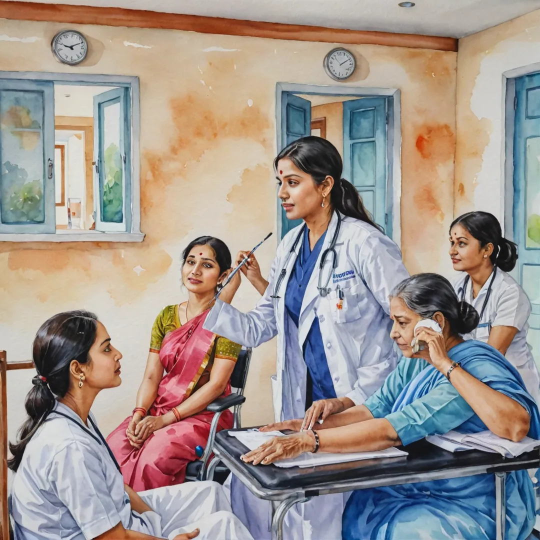 atercolor painting of a healthcare facility in Kacharakanahalli, Bangalore East. The scene features a serene and welcoming atmosphere with vibrant colors representing the area's culture. The hospital building has a mix of traditional Indian architecture and modern design elements, blending seamlessly into the surroundings. In the foreground, patients and their families are seen interacting with medical staff while receiving treatment at various departments.