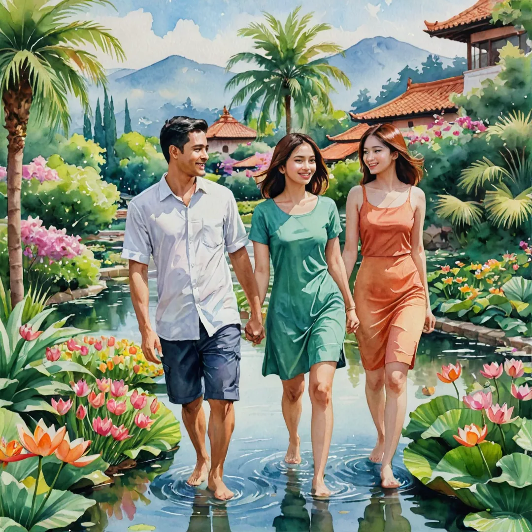 young couple enjoying a leisurely stroll through a lush green garden, their faces beaming with joy as they take in the vibrant colors and fragrances of the various flowers surrounding them. The watercolor painting captures the serene atmosphere, highlighting the tranquil pond where koi fish gracefully swim alongside lotus blossoms. In the distance, one can see the picturesque view of the hills, adorned with terracotta roofs and swaying palm trees, symbolizing the harmonious blend of nature and modern living that Alita represents.