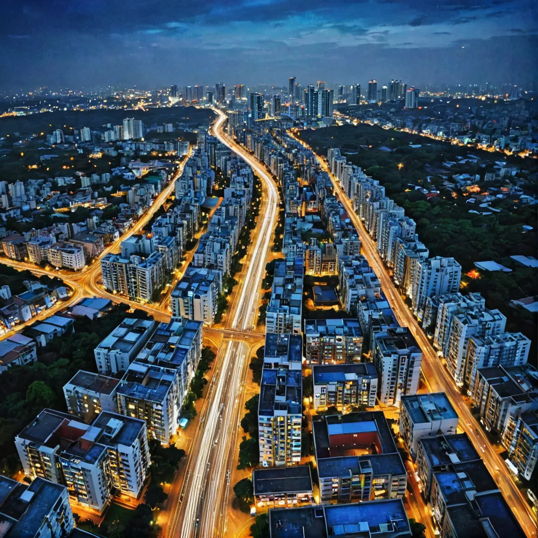 ighttime aerial view of Bangalore cityscape, vibrant lights illuminating the skyline, buildings and highways visible, Alita apartment complex standing out with its distinctive design.