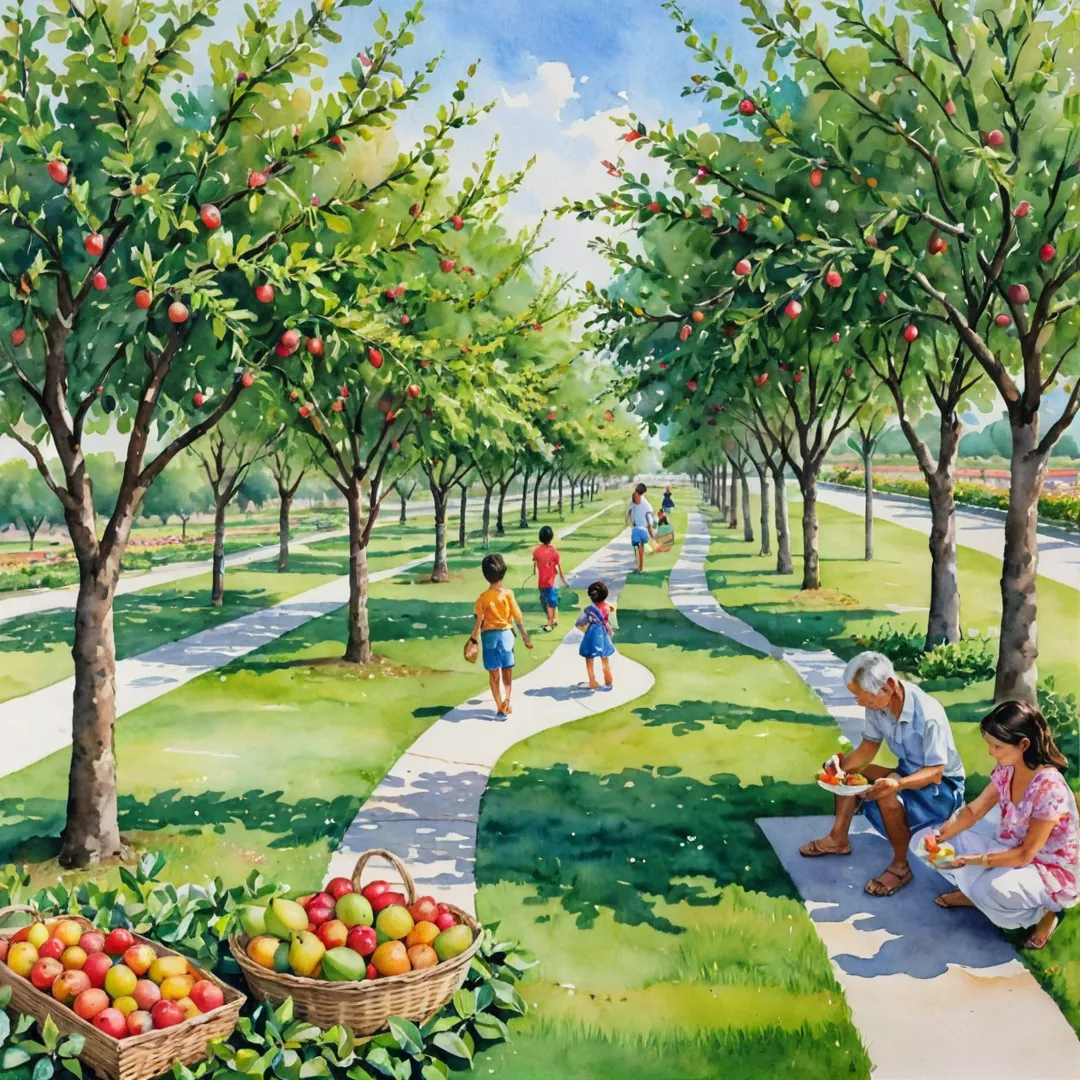 ibrant orchard, fruit trees, blossoming flowers, gated community, residents enjoying nature, lush landscape, healthy living, sustainable environment, outdoor gathering, picnic area, families playing, children picking fruits