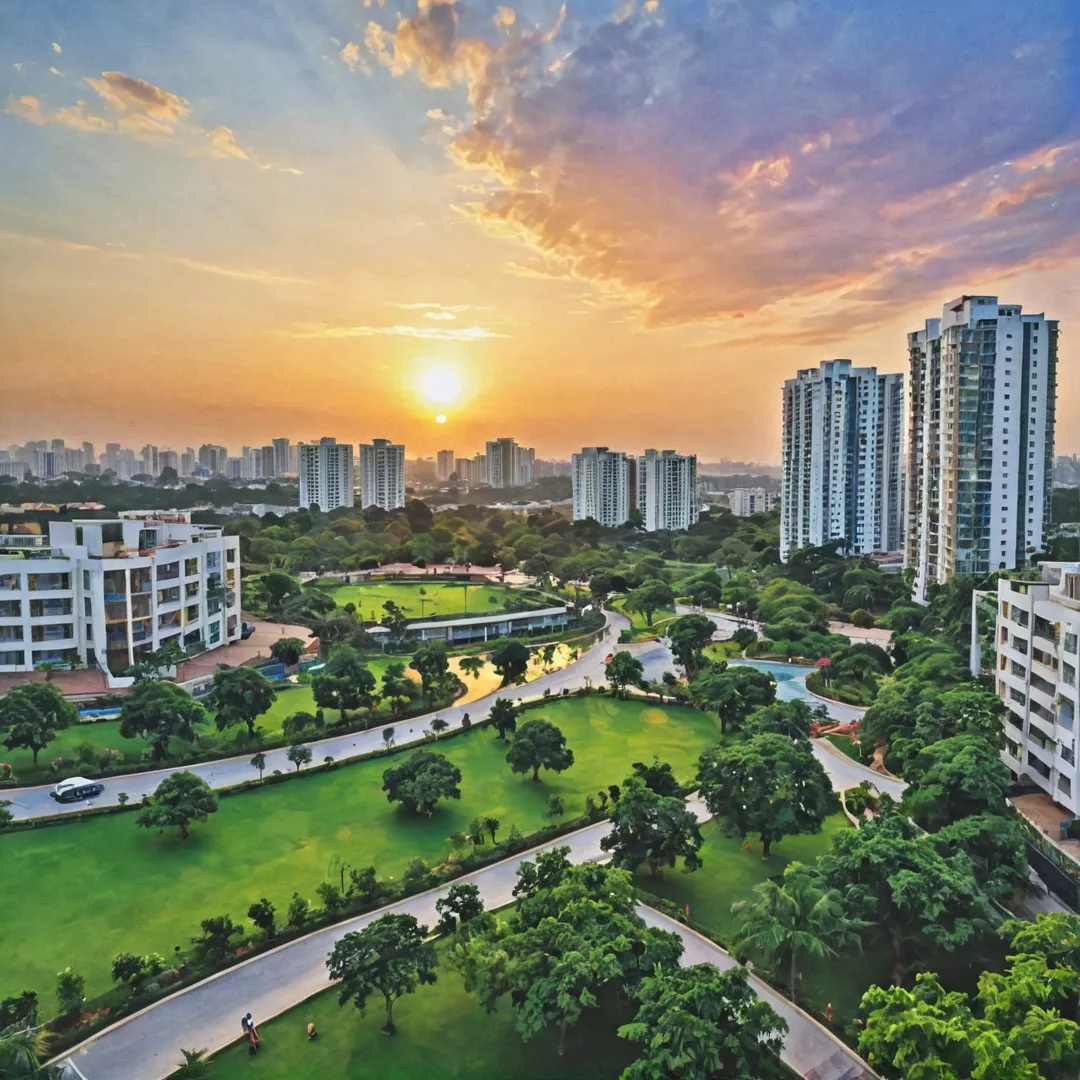 atercolor painting of a sunset over Alita, with its modern buildings and green spaces in the foreground. The tech hubs, like ITPB, GR Tech Park, and First Technology Park, are visible in the distance, reflecting their significance in Bangalore East's growth. Residents enjoy easy access to these hubs while living comfortably at Alita, which provides amenities such as shopping malls and restaurants nearby.