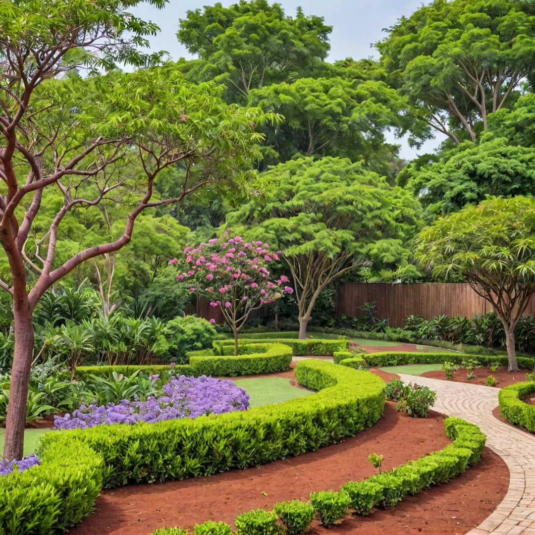 ush red soil garden with trees and plants in the foreground, Jacaranda mimosifolia, tree-mimusops elengi, albizia lebbok, semi-evergreen: large, lagerstroemia speciosa, and evergreen medium size: purple flowers swaying gently in the breeze. In the background, a residential complex with modern architecture blends harmoniously into the natural setting, providing a serene and inviting atmosphere for residents to enjoy their surroundings.