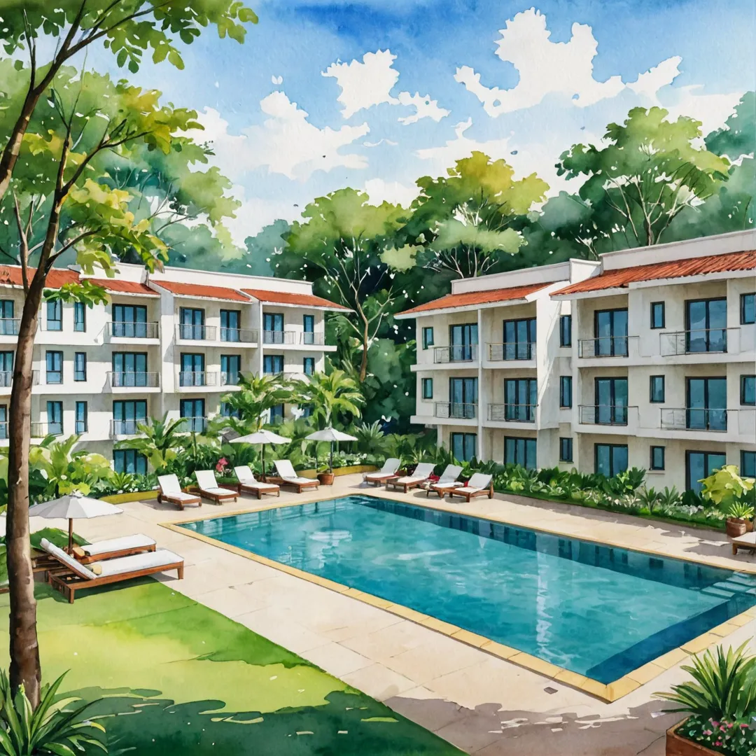 co-friendly residential development with sustainable living amenities, surrounded by lush greenery and open spaces.