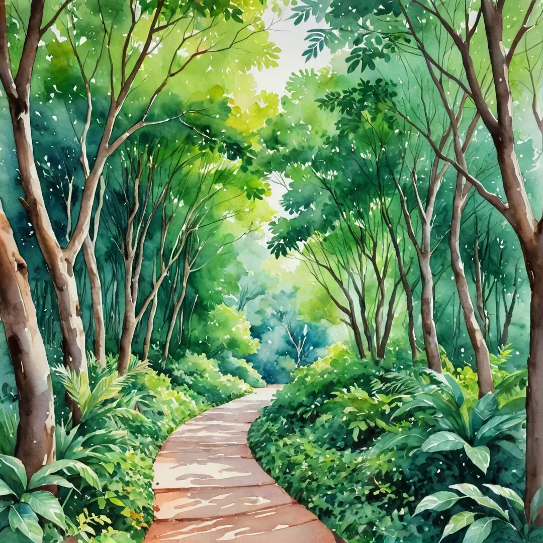 alkway through a lush canopy of trees, watercolor painting style.