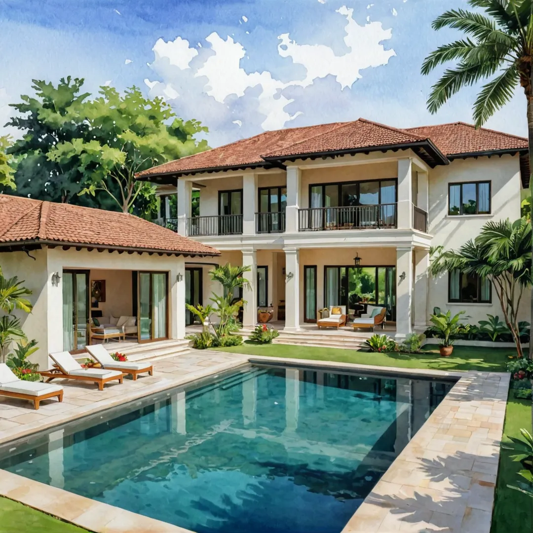 uxurious villa, sprawling grounds, lush landscape, private pool, modern architecture, spacious interiors, inviting outdoor living area, serene atmosphere, picturesque view