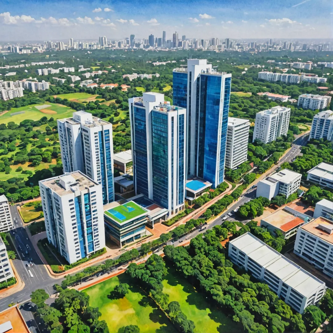 rompt: HM Tech Park aerial view, Bangalore cityscape in background, modern architecture, greenery, towering structures, vibrant colors, technology hub.