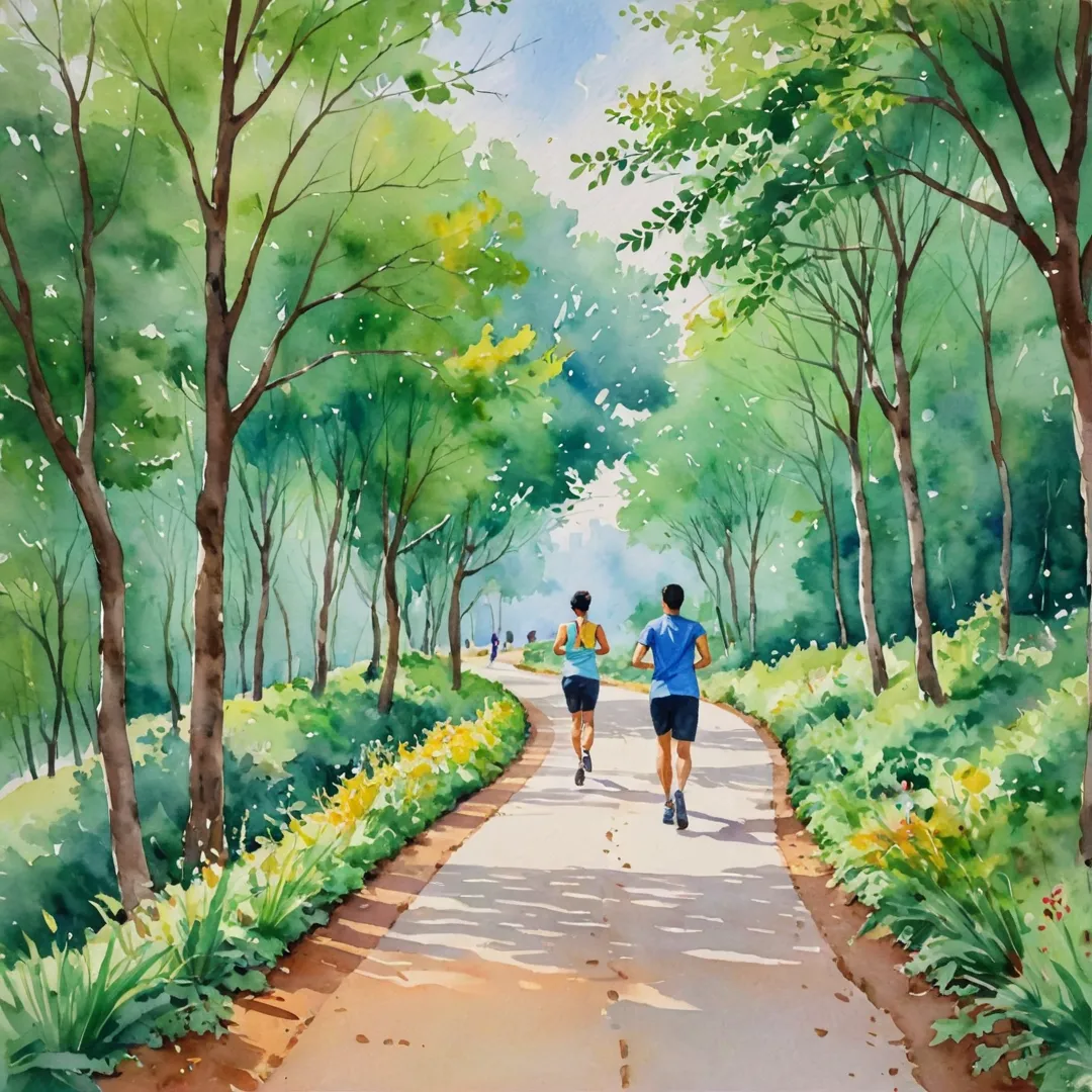 atercolor painting of a running path, winding through nature, vibrant colors, serene atmosphere, people jogging and walking together, community bonding