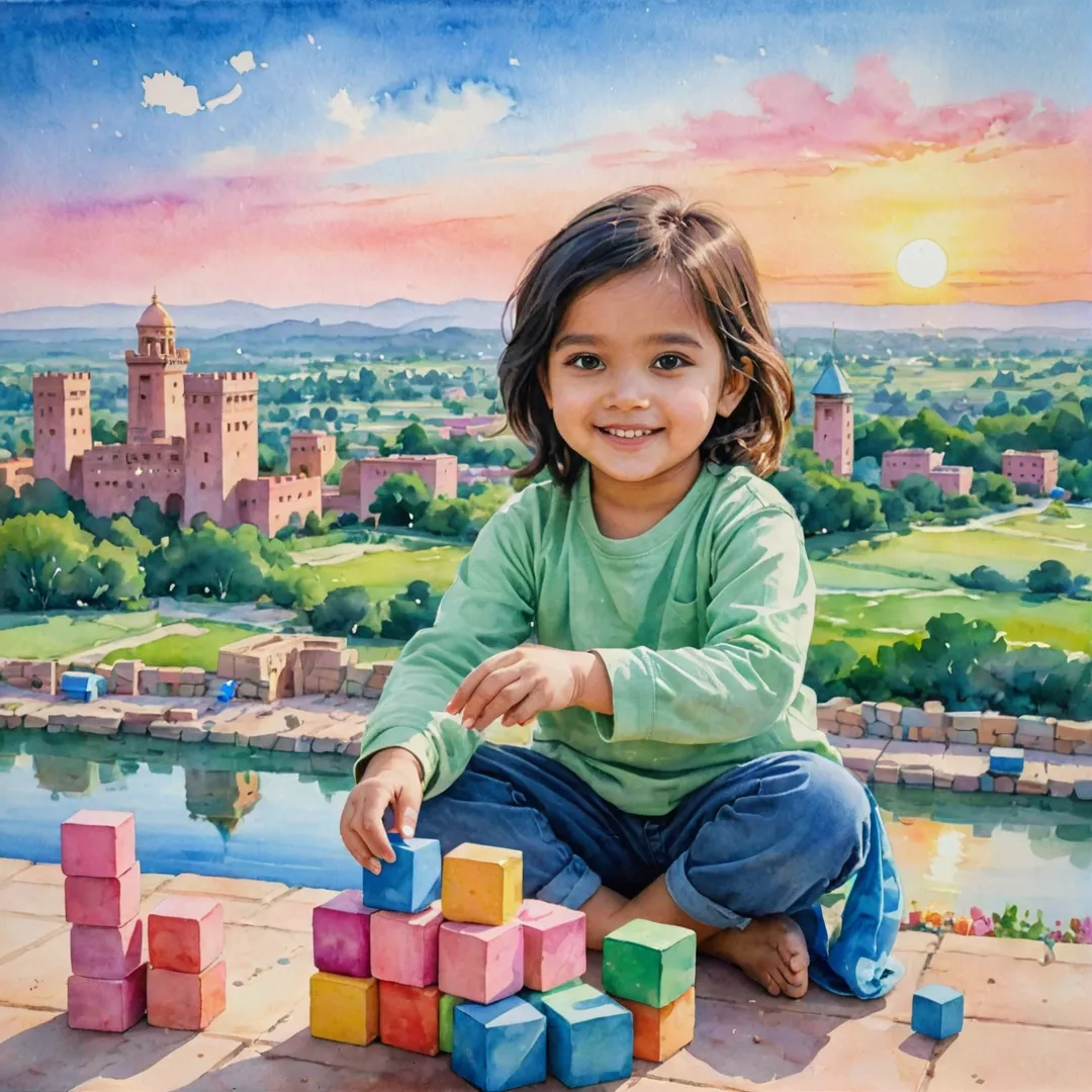 atercolor painting of a happy child playing with colorful blocks and building towers in the foreground, while in the background, there's a beautiful view of Alita from a distance. The sky is painted with vibrant hues of blue and pink during sunset, and the lush green landscape adds a sense of serenity to the scene.