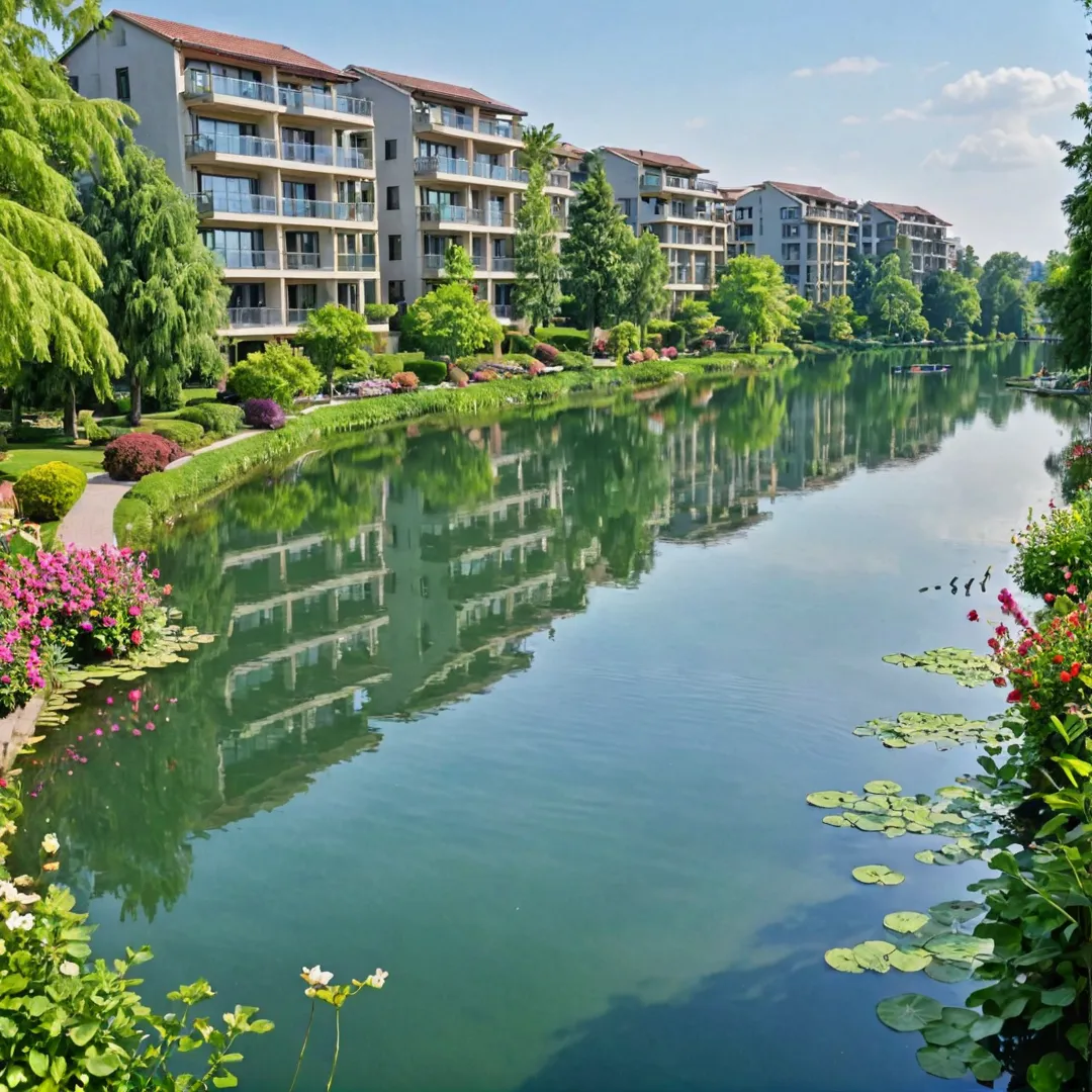 eaceful lakeside scene with serene waters reflecting the blue sky, lush green trees surrounding the shore. A modern residential building in the background showcasing balconies and windows overlooking the lake. In the foreground, a couple strolling hand-in-hand on a well-maintained pathway amidst beautiful flowers and birds chirping in harmony. The air is filled with the calming scent of nature as they take in the breathtaking view of the lake, their home at Alita.