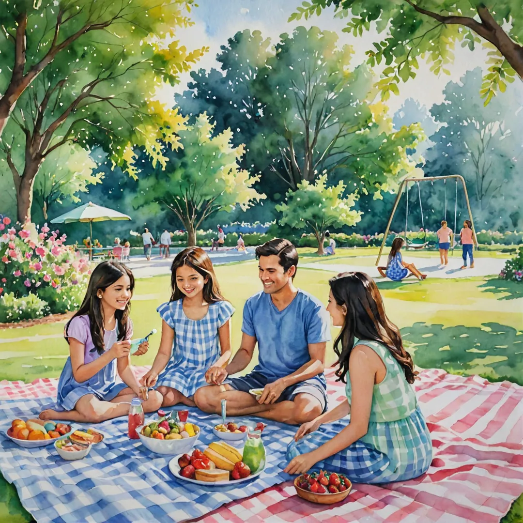 ater color painting of a family having picnic at the park, surrounded by lush greenery and colorful flowers. The children are playing happily on swings and slides, while the adults enjoy delicious food from their spread on a checkered tablecloth. The sun shines brightly, casting warm light over the scene, adding to its serene and joyous atmosphere.