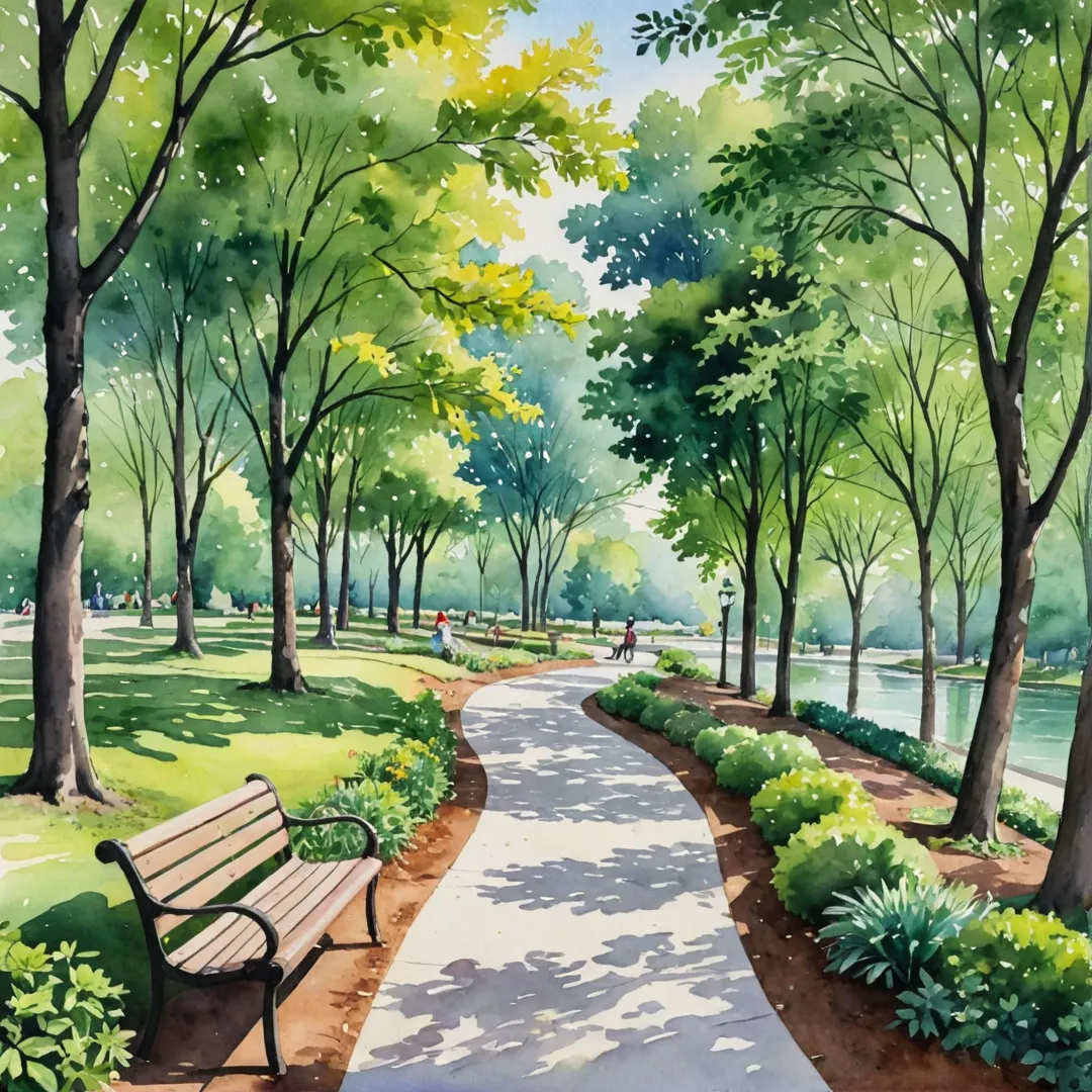 erene park with lush trees, benches, and a winding path. A group of residents enjoying a leisurely walk, conversing and appreciating the natural beauty around them.