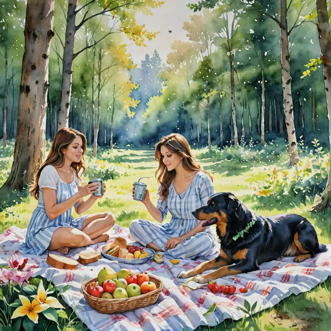 atercolor painting of a family picnicking in a serene forest clearing. The sun filters through the trees, casting dappled shadows on their blanket and the surrounding foliage. A young child plays with a fluffy dog while their parents enjoy a leisurely meal consisting of fresh bread, cheese, fruits, and a bubbling thermos of coffee. In the background, colorful butterflies flutter among flowers as birds sing in the trees.