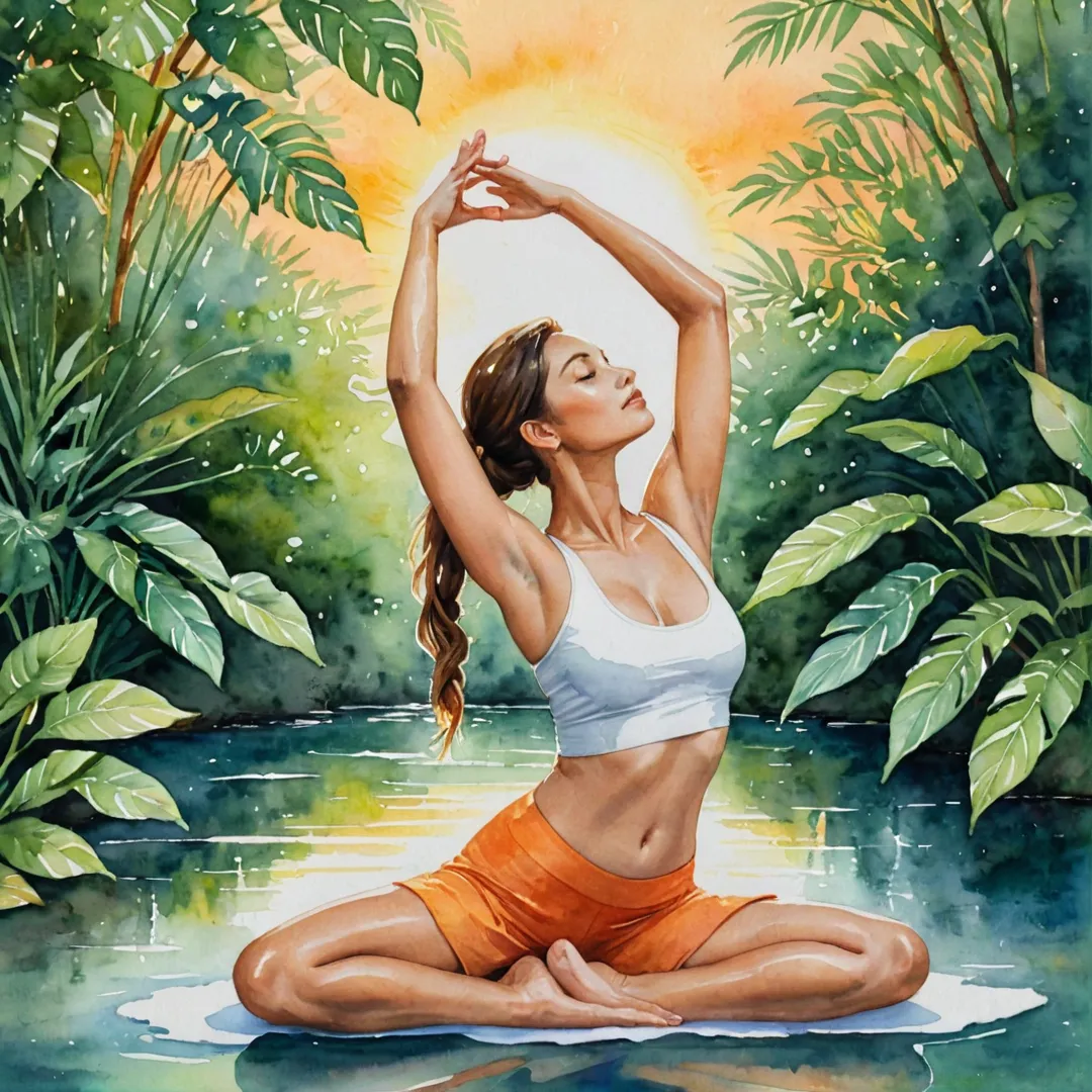 atercolor painting of a woman in a yoga pose, surrounded by lush greenery and serene water. The sun is setting, casting warm orange and yellow hues on her body as she stretches gracefully. The image evokes feelings of peace, harmony, and wellness.