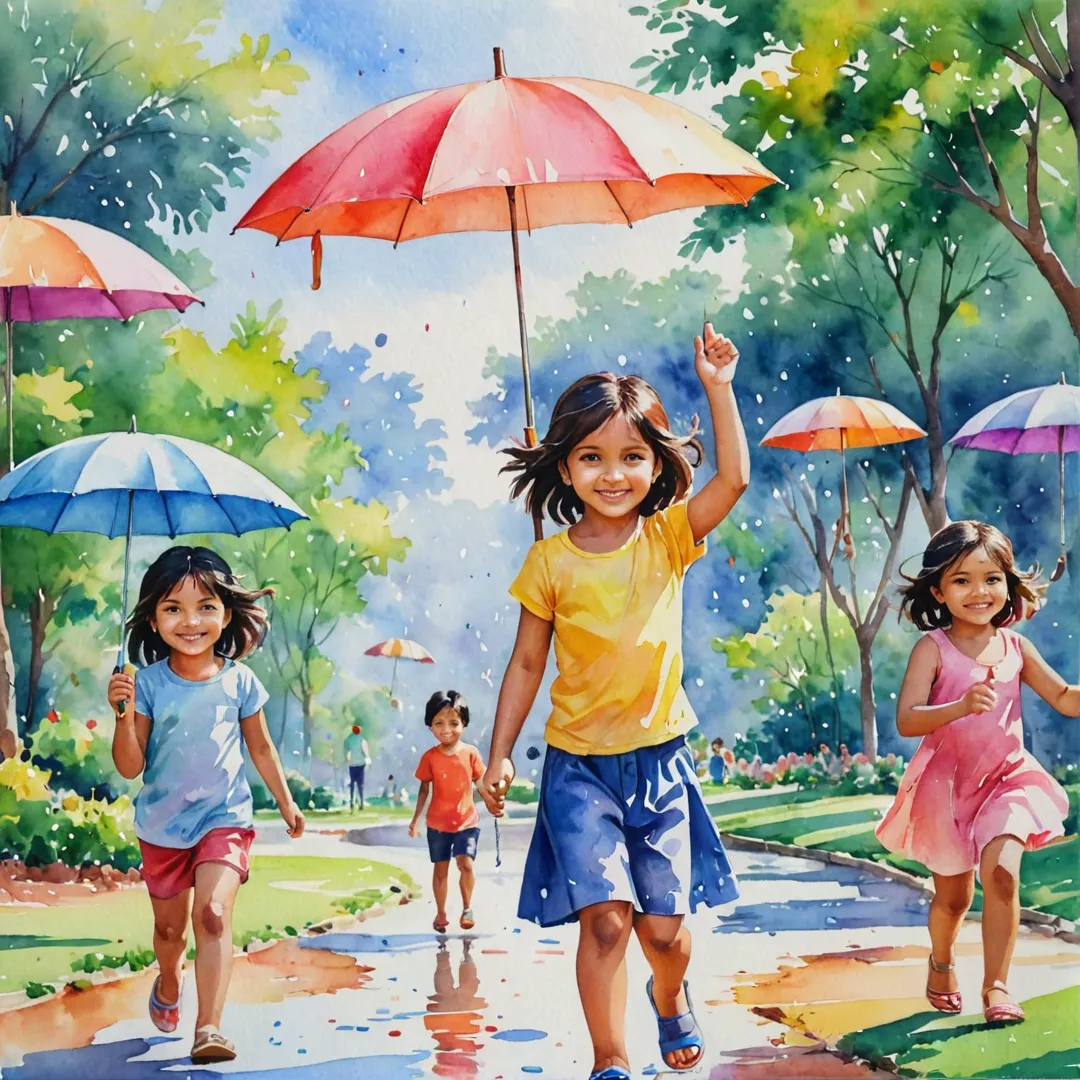 hildren playing in watercolor park, colorful umbrellas, smiling faces, carefree atmosphere