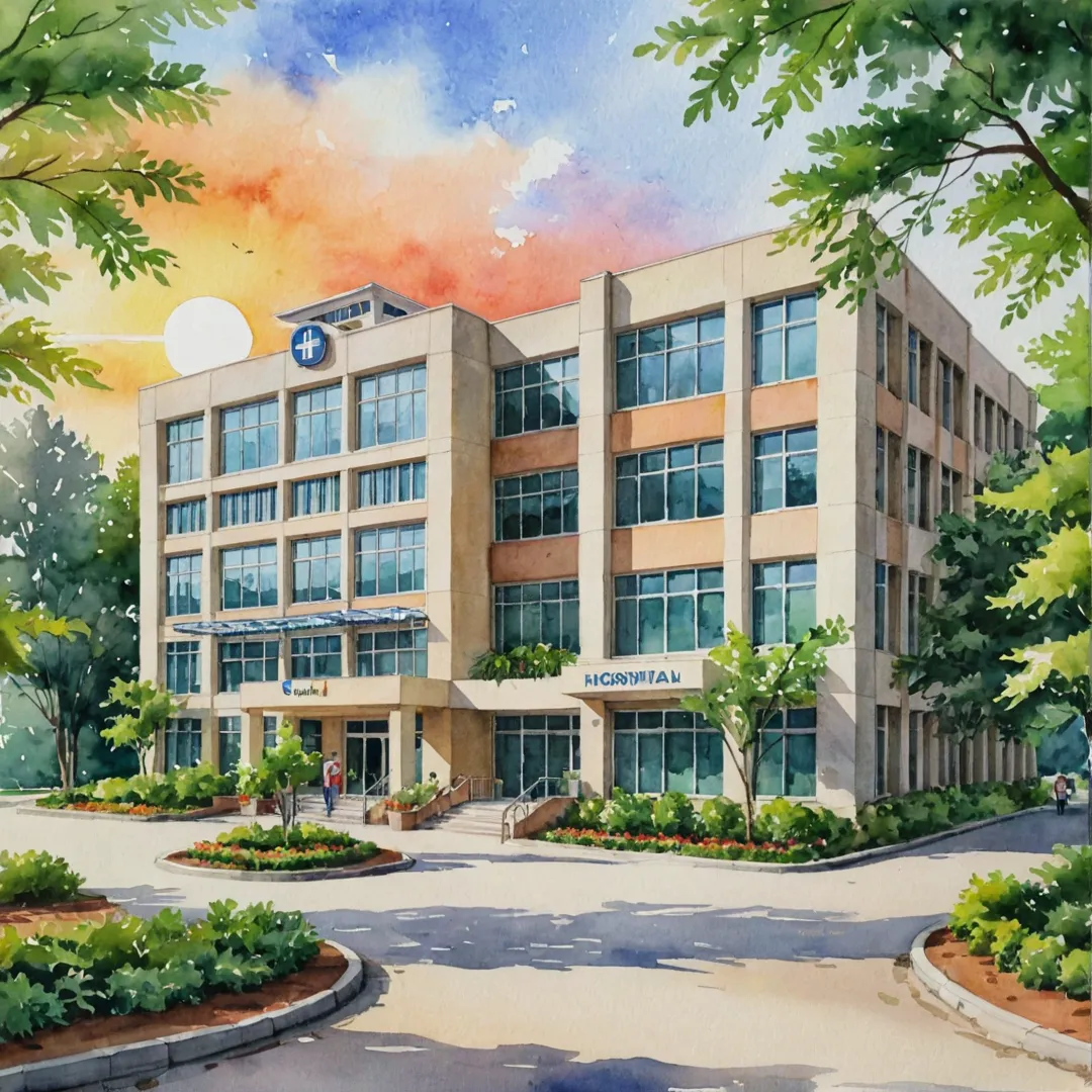 atercolor painting of a hospital building with multiple floors, surrounded by lush greenery and trees, providing a serene and calming environment. The sun is setting in the background, casting warm colors on the building and the surrounding area. Patients and their families can be seen walking along the pathways leading to the entrance of the hospital, while medical staff members are attending to them. The hospital looks modern and well-maintained, with large windows that let in ample natural light, creating a bright and inviting atmosphere for all who enter its doors.