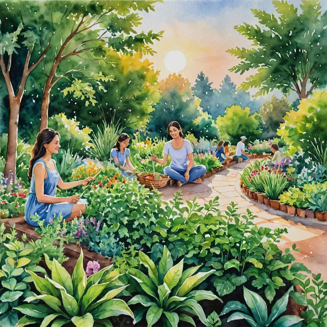 atercolor painting of a group of people enjoying the lush greenery and herbs at Alita Herb Garden. The scene depicts them tending to various plants, harvesting fresh produce, and sharing stories under the warm glow of the setting sun. The community garden serves as a backdrop for this peaceful moment in life, promoting wellness and sustainability through its beautiful natural environment.