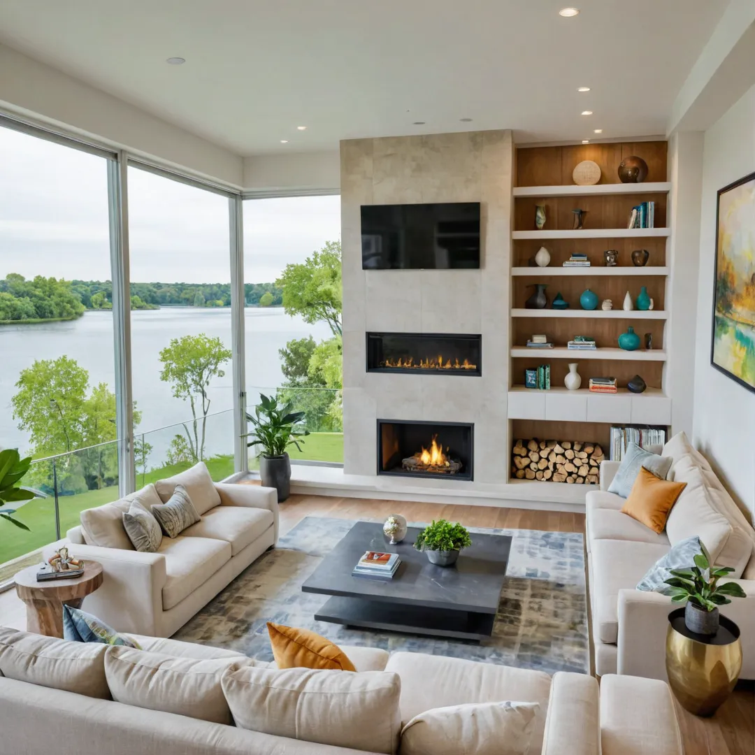 uxurious living room with floor to ceiling windows, overlooking a serene lake surrounded by lush greenery. The space is illuminated by natural light and warm ambient lighting, creating an inviting atmosphere. A large sectional sofa in neutral tones faces a contemporary gas fireplace. The walls are adorned with abstract artwork and stylishly decorated shelves displaying elegant sculptures and vases.