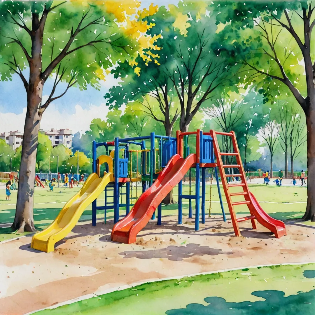 hildren playing in a playground, colorful swings, slides, sandpit, laughing, happy, sunny day, green grass, trees, park benches