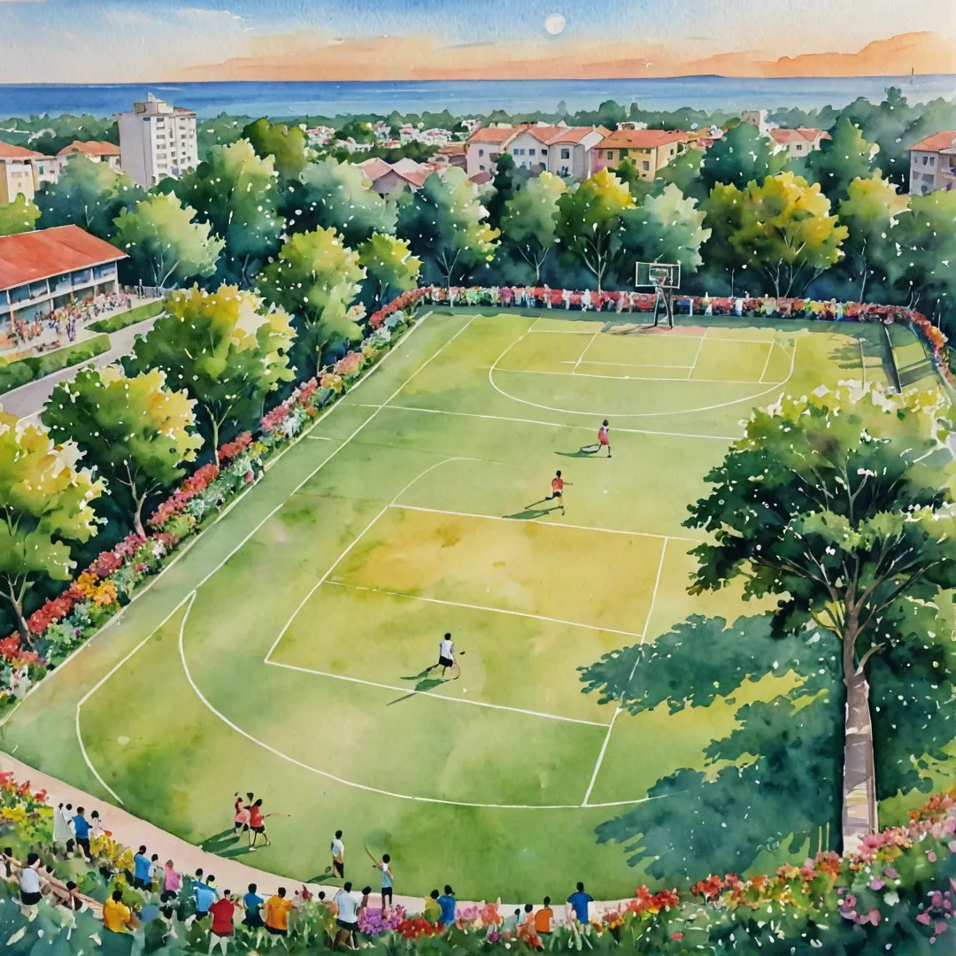 atercolor painting of a vibrant sports community in Alita, featuring active individuals participating in various games and activities. The scene showcases a basketball court with players dribbling and shooting hoops, while others watch and cheer them on. A cricket pitch can be seen in the background, as well as a running track encircling it. The sports grounds are surrounded by lush greenery and colorful flowers, creating a picturesque setting for outdoor recreation. In the distance, the sun sets over the horizon, casting warm hues across the landscape.