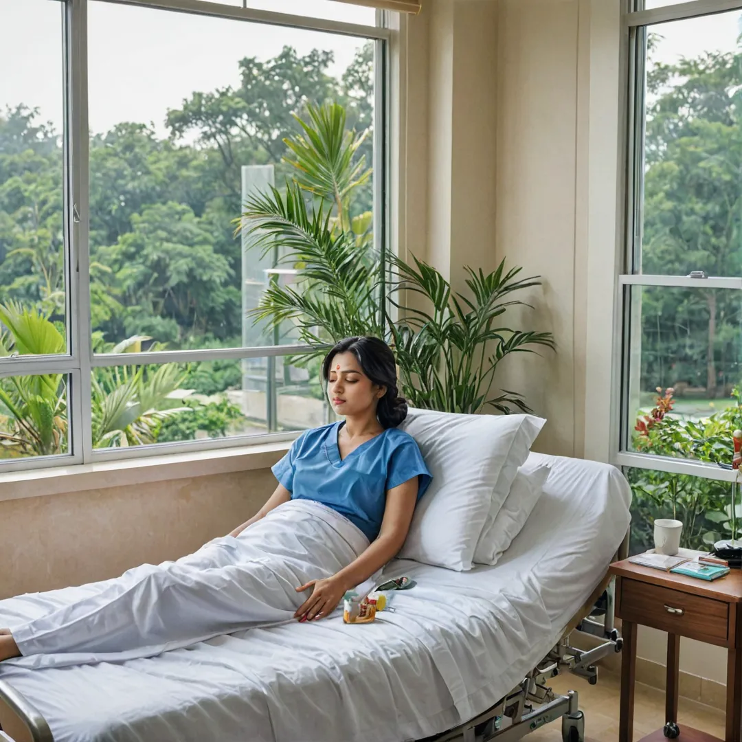 atercolor painting of a serene hospital scene, with a patient in a comfortable bed overlooking a tranquil garden. The room is filled with natural light streaming through large windows. In the background, the viewer can see other patients recovering while enjoying the beautiful outdoor environment. Doctors and nurses are attentively caring for their patients, exuding warmth and compassion. A sense of peace and healing permeates the image as it captures the essence of the state-of-the-art hospitals minutes from Alita.