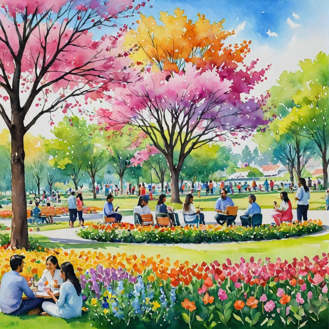 ibrant community members socializing in the colorful park, surrounded by blooming flowers and cheerful trees under a bright watercolor sky.