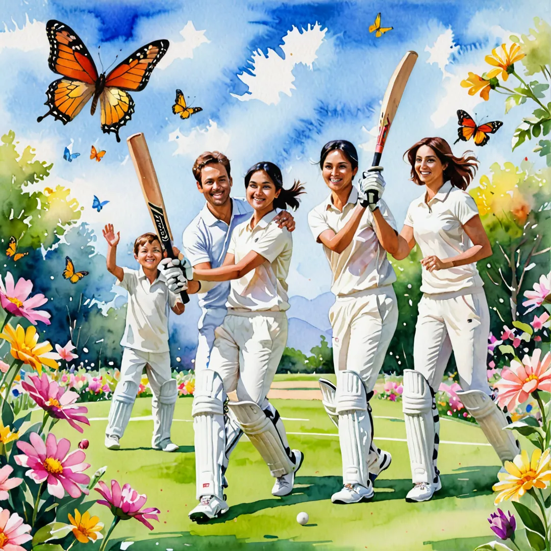 ainting of a happy family playing cricket together on a sunny day, surrounded by colorful flowers and butterflies in the background, watercolor style