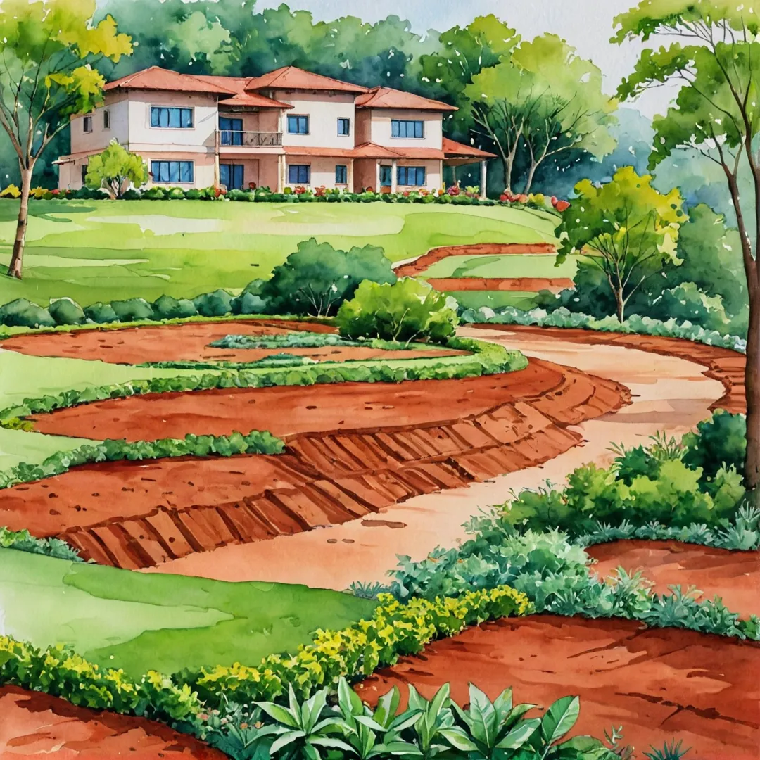 erene red soil landscape, harmonious blend of nature and urban living, well-drained fertile soil, lush green trees and plants, expansive clubhouse with natural elements, terraced garden, rainwater harvesting system, sustainable living environment.