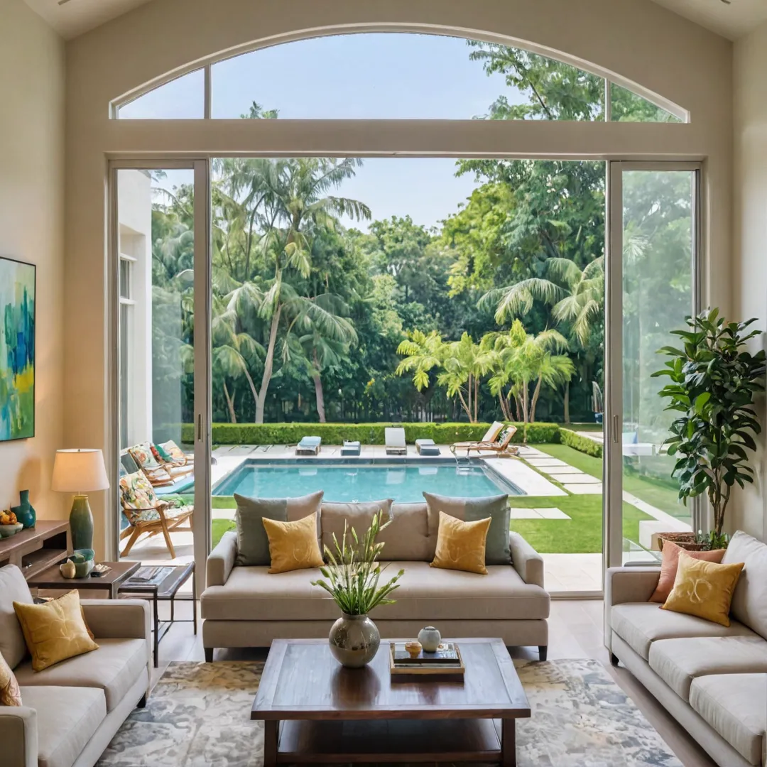 iving room with large windows, overlooking greenery and a community pool, warm lights, comfortable seating, conversational area, close friends gathered around enjoying each other's company, Alita residence.