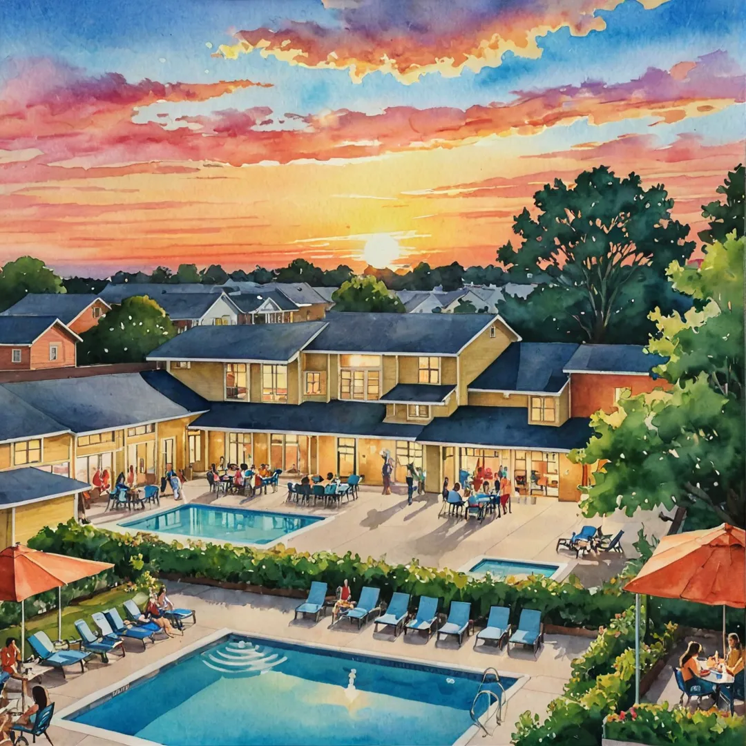 olorful watercolor painting of a sunset over Alita: A Space to Call Home, showing the central clubhouse with people enjoying its amenities. The gym, pool, and party hall are visible in the background while residents socialize in foreground areas like outdoor seating or play board games under shady trees. The artwork should capture the essence of community and leisure within this vibrant neighborhood.