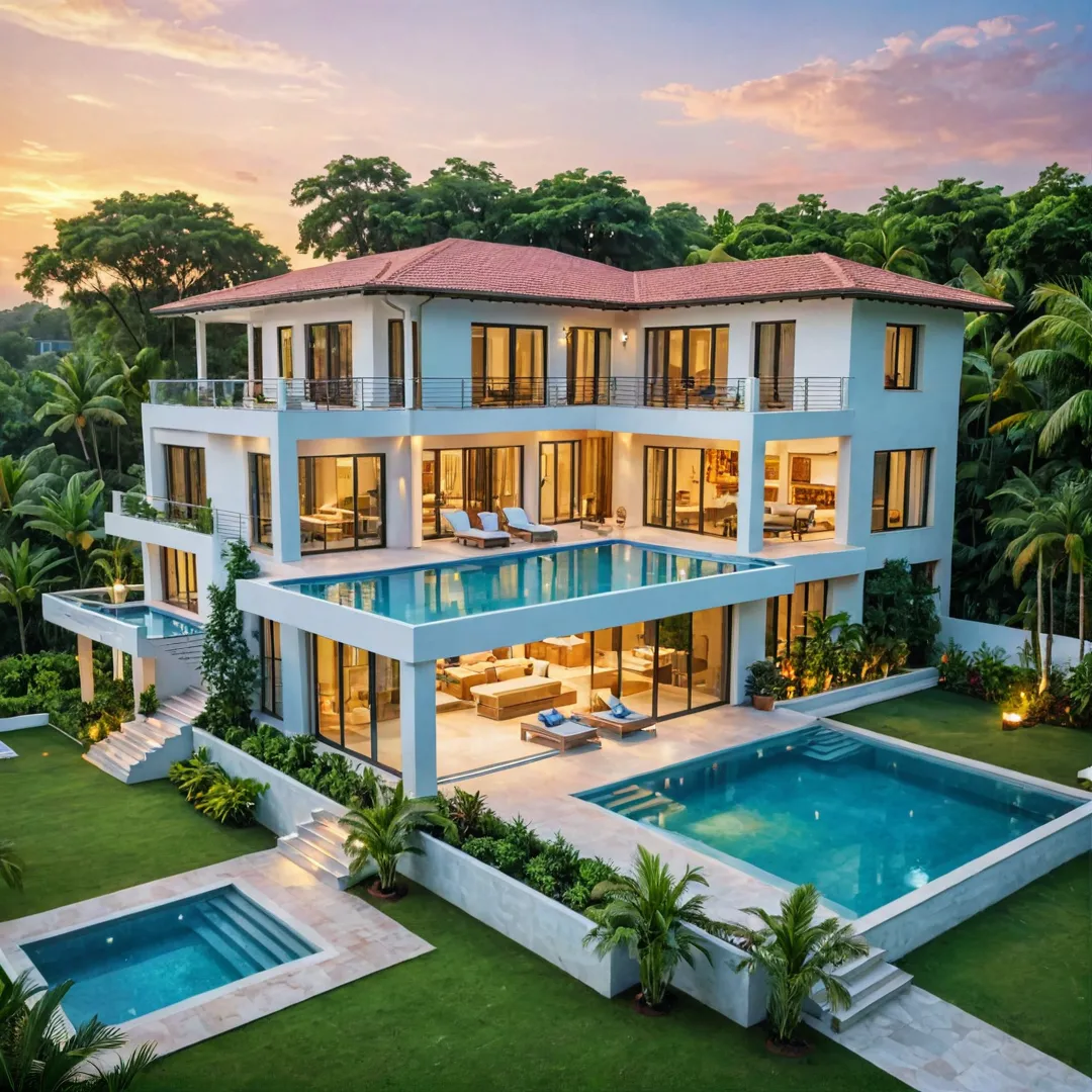 ender of a modern, luxurious villa with a swimming pool in the center surrounded by lush greenery. The sun sets beautifully over the horizon, casting warm hues on the property. A family can be seen enjoying their time together near the pool, while the villa's architecture showcases its unique design and attention to detail.