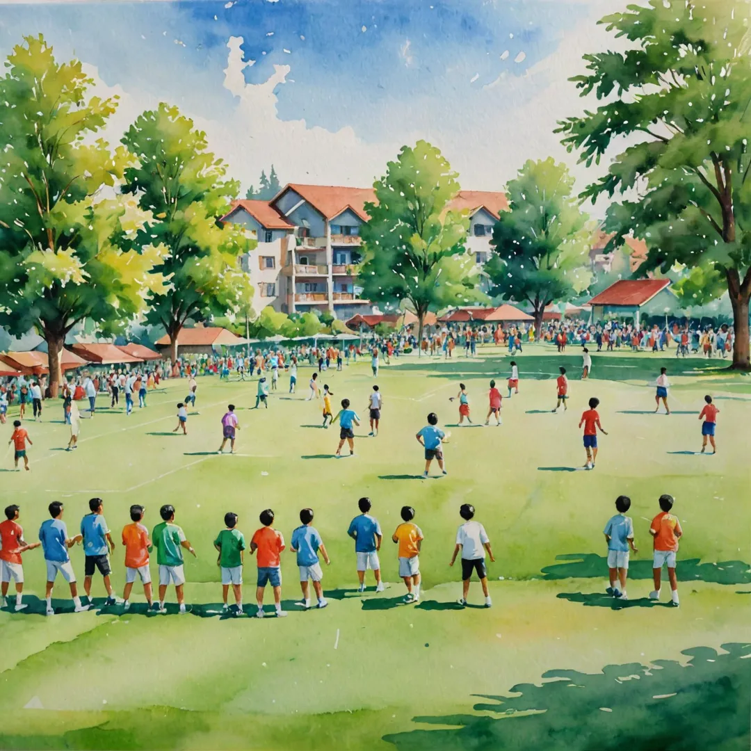 atercolor painting of a community sports event at Alita, with vibrant colors and people of all ages participating in various activities on the green fields. The background features trees and buildings from the residential project, creating a sense of place and belonging.