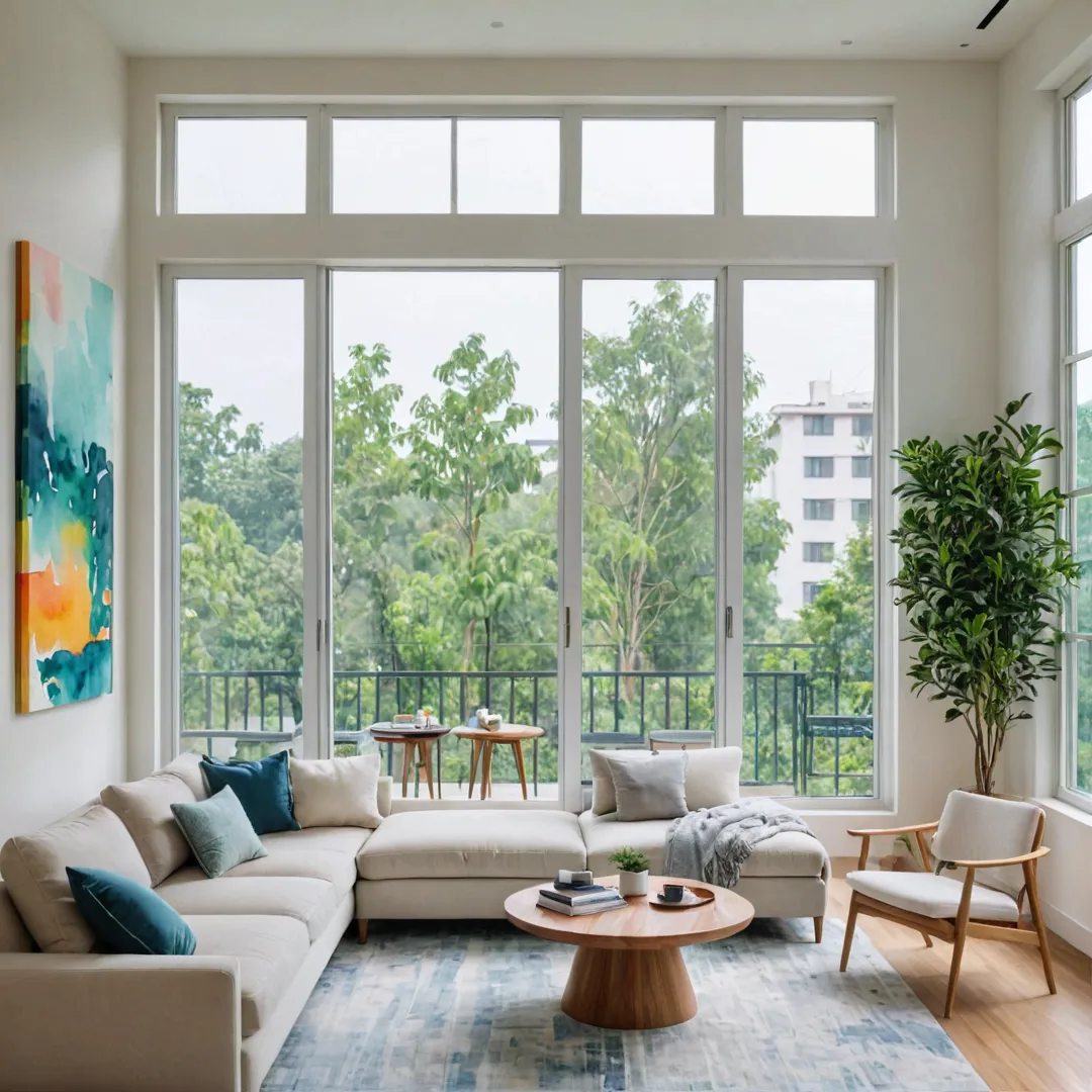 iving room with large windows, modern furniture, natural lighting, greenery, comfortable seating, workspace, technology integration, minimalistic design