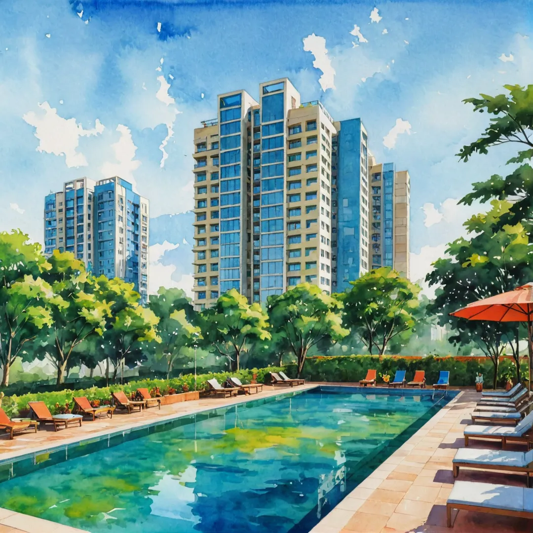 olorful, vibrant, modern, urban, luxurious, Bangalore skyline, ITPL, technology hub, swimming pool, green spaces, socializing, relaxing, outdoor activities.