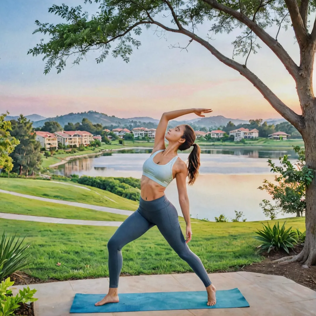 ater color painting of a serene landscape with rolling hills, lush greenery, and a picturesque lake in the distance. The sun is setting, casting warm golden light on the scene, as a woman wearing yoga pants and a sports bra practices her downward dog pose near a tree. In the background, a modern residential building can be seen, representing Alita, with its sleek design and ample open spaces that encourage fitness activities. The overall atmosphere is tranquil and inviting, showcasing the harmonious blend of nature and urban living that this unique community offers.