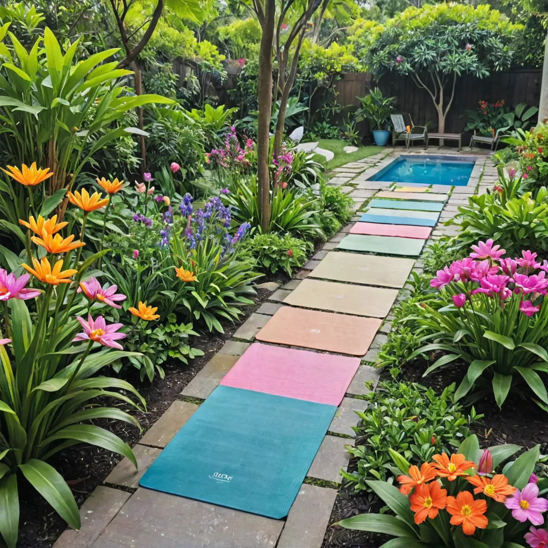 eaceful outdoor space with a yoga mat, reflexology path, and colorful flowers in bloom. The area is surrounded by lush greenery, creating an inviting atmosphere for relaxation and meditation.