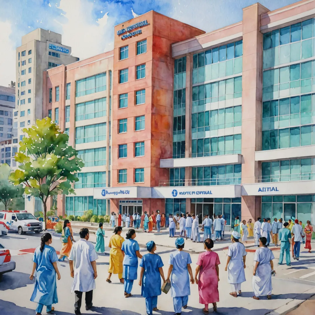 ibrant watercolor painting of a colorful hospital exterior with patients, doctors, and nurses interacting in the foreground, while the background shows a bustling city street scene, representing the diverse healthcare facilities available around Alita.