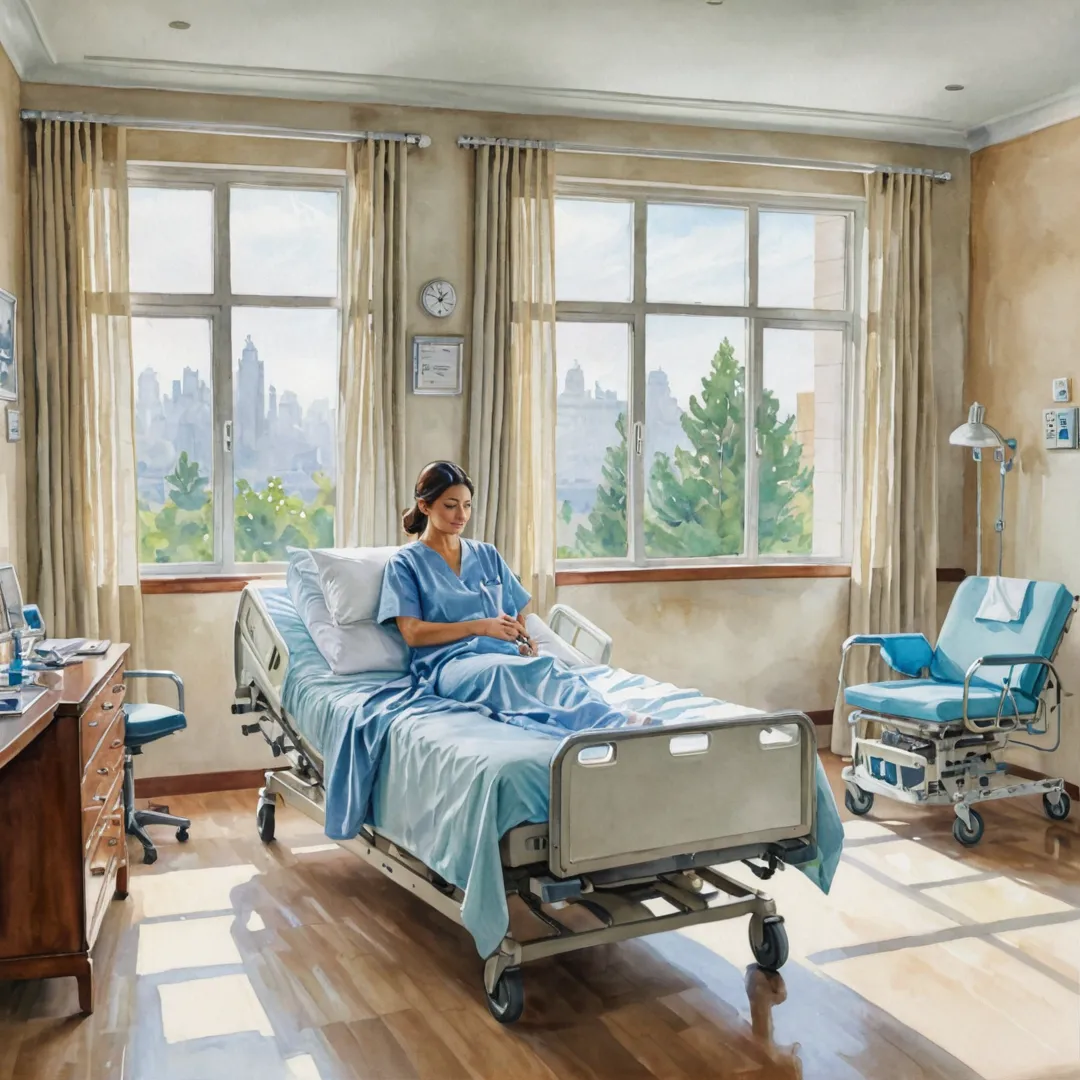 atercolor painting of a luxurious hospital room, serene atmosphere, calming colors, sunlight streaming through windows. A doctor attends to a patient lying on a comfortable bed while a worried family member looks on from a nearby chair. The scene exudes warmth and compassion as medical professionals provide expert care in this tranquil setting.