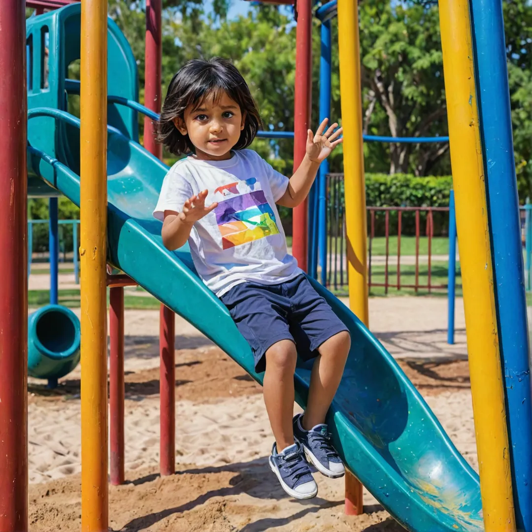 id playing on playground equipment, colorful background, diverse ages, interactive elements, Alita gated community