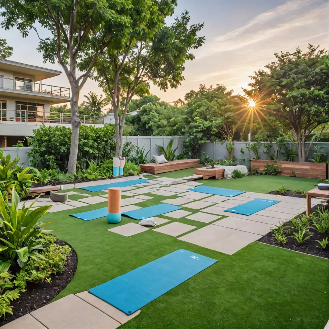 erene sunset landscape with a yoga deck in the foreground, pet park area in the background. Residents of all ages engaged in various activities, including yoga, meditation, and spending time with their pets. The space is beautifully designed, featuring lush greenery and modern architecture that seamlessly blends into the natural environment.