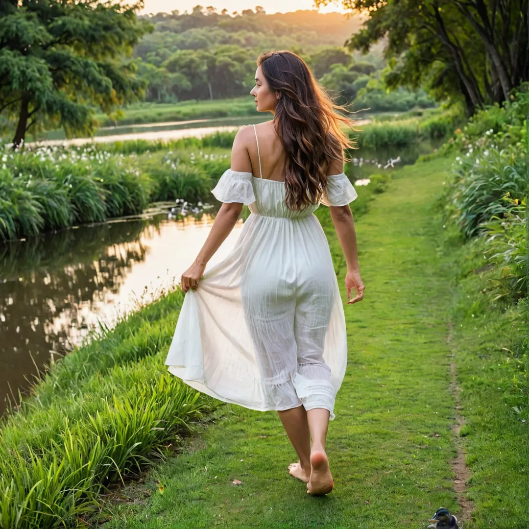  woman wearing a white dress, her long hair flowing in the wind, walks barefoot on a grassy path surrounded by lush greenery. In the distance, she can see a serene lake with ducks swimming peacefully. The sky above is painted with warm sunset hues, casting a gentle glow over the scene. As she walks, her toes instinctively explore the textured surfaces of the path, stimulating pressure points that promote relaxation and well-being.