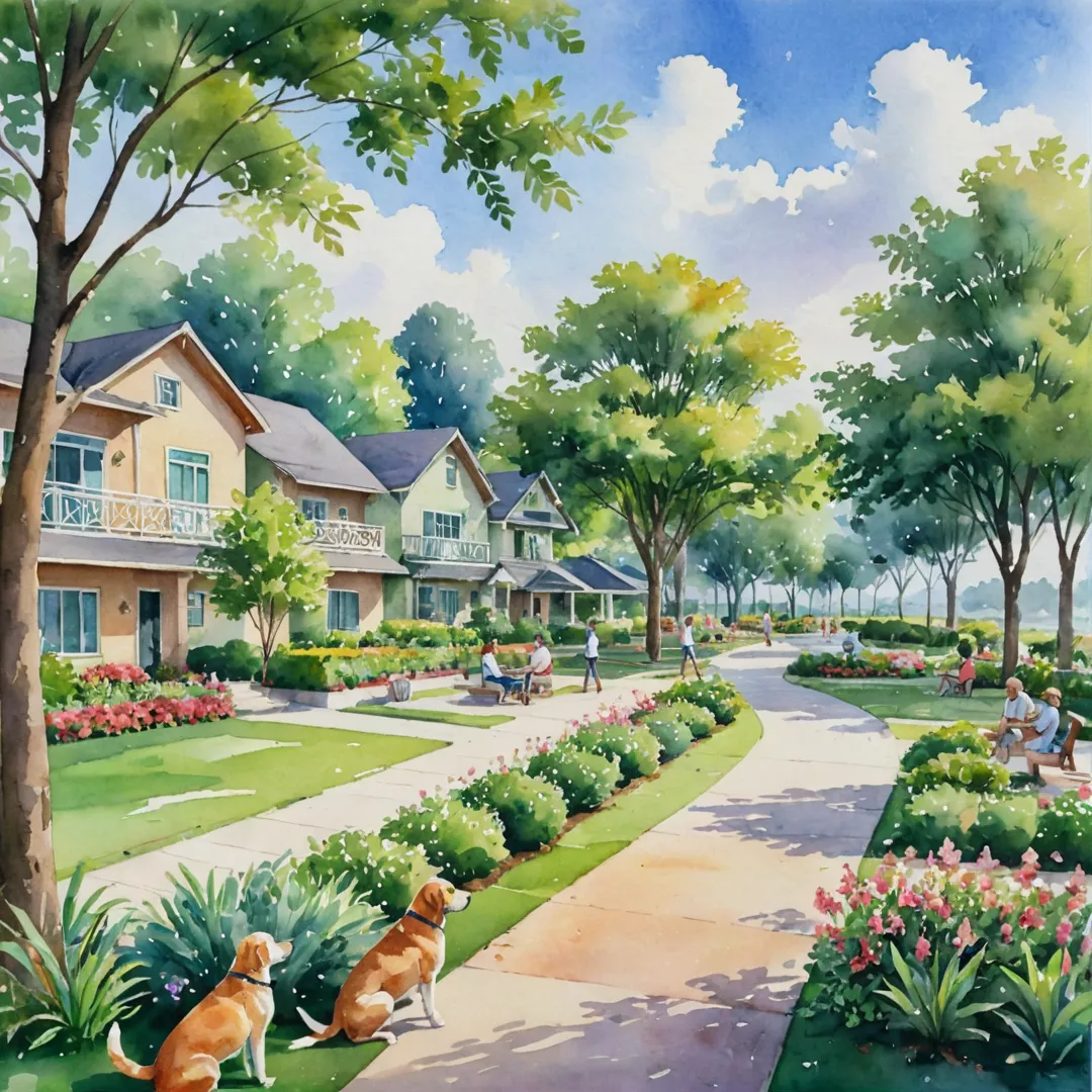 atercolor painting of a serene community living space, featuring lush greenery and beautifully designed homes nestled together in harmony. The image showcases residents interacting with each other in various ways - sitting on benches chatting, children playing fetch with their dogs, neighbors tending to their gardens. In the background, there's a glimpse of a stunning clubhouse that serves as a central hub for gatherings and social events. The sky is painted with soft pastel colors, reflecting the warm and inviting atmosphere of the community.