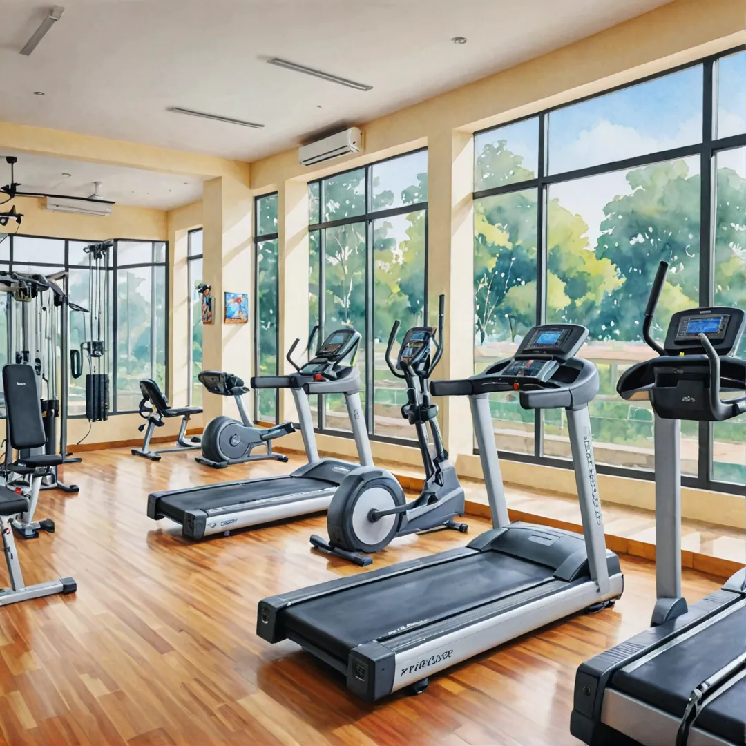 igh-quality fitness center scene, modern equipment, individuals exercising, Bangalore East background