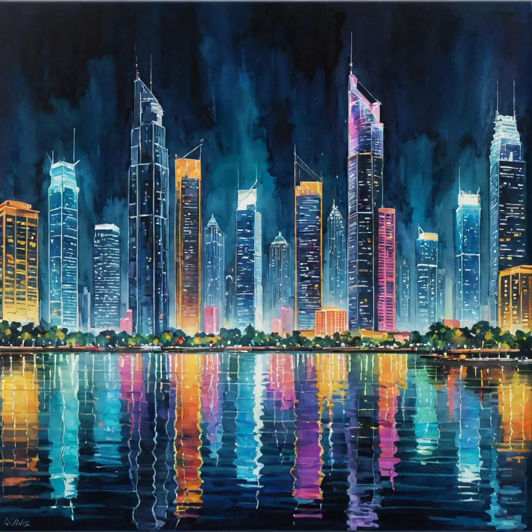 hoto of a vibrant cityscape at night, with tall skyscrapers and neon lights reflecting off a calm lake in the foreground, creating a mesmerizing atmosphere. The image should capture the essence of innovation, modernity, and community found in Alita's real estate project.