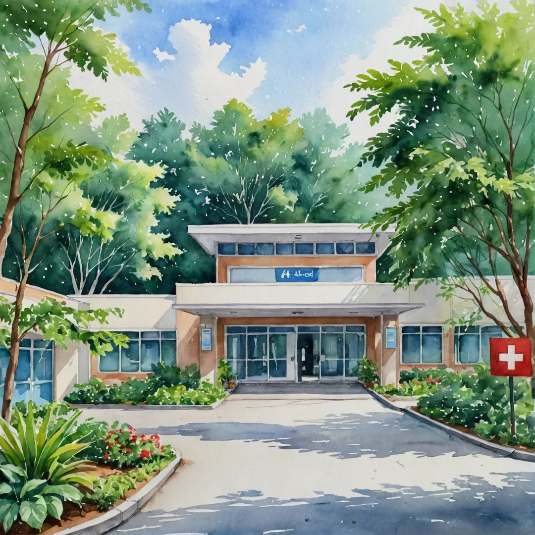 atercolor painting of a hospital entrance surrounded by lush greenery, calm and serene environment, welcoming atmosphere, reassuring colors, emergency vehicles parked nearby, doctors and nurses in action.