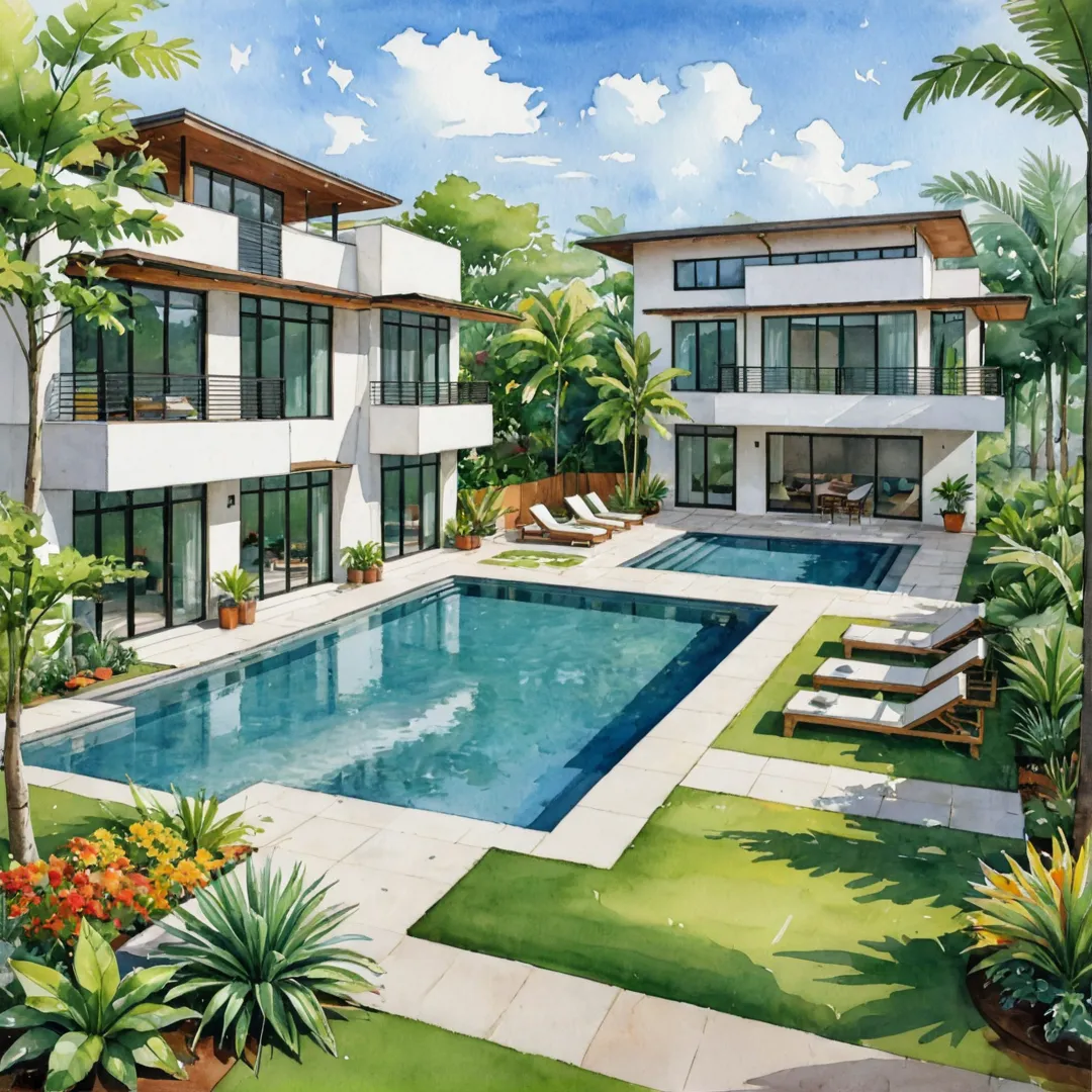 odern residential space, sleek design, cohesive layout, natural light, ventilation, outdoor activities, community interaction, lush landscape, diverse plants, strategic planning, sustainable living, peaceful ambiance, harmonious environment, well-designed amenities, accessibility, green architecture.