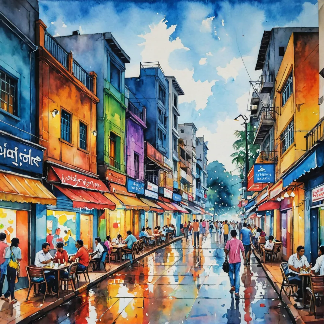 etailed, colorful, vibrant, bustling, people, nightlife, entertainment, buildings, neon lights, restaurants, pubs, shops, outdoor seating, street art, landmarks, Whitefield, Bangalore.