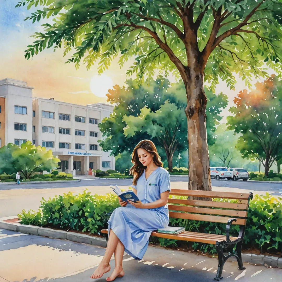 atercolor painting of a hospital building in the background, with people walking on the sidewalk and greenery surrounding it. A beautiful woman is sitting on a bench under a tree, reading a book while enjoying the scenic view of the hospital surrounded by nature. The sun is setting behind the hospital, casting warm light onto the scene, creating an atmosphere of calm and serenity.