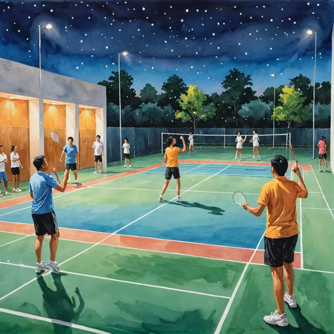 xcited residents playing badminton at Alita's state-of-the-art court under bright lights, surrounded by cheering friends and family members.