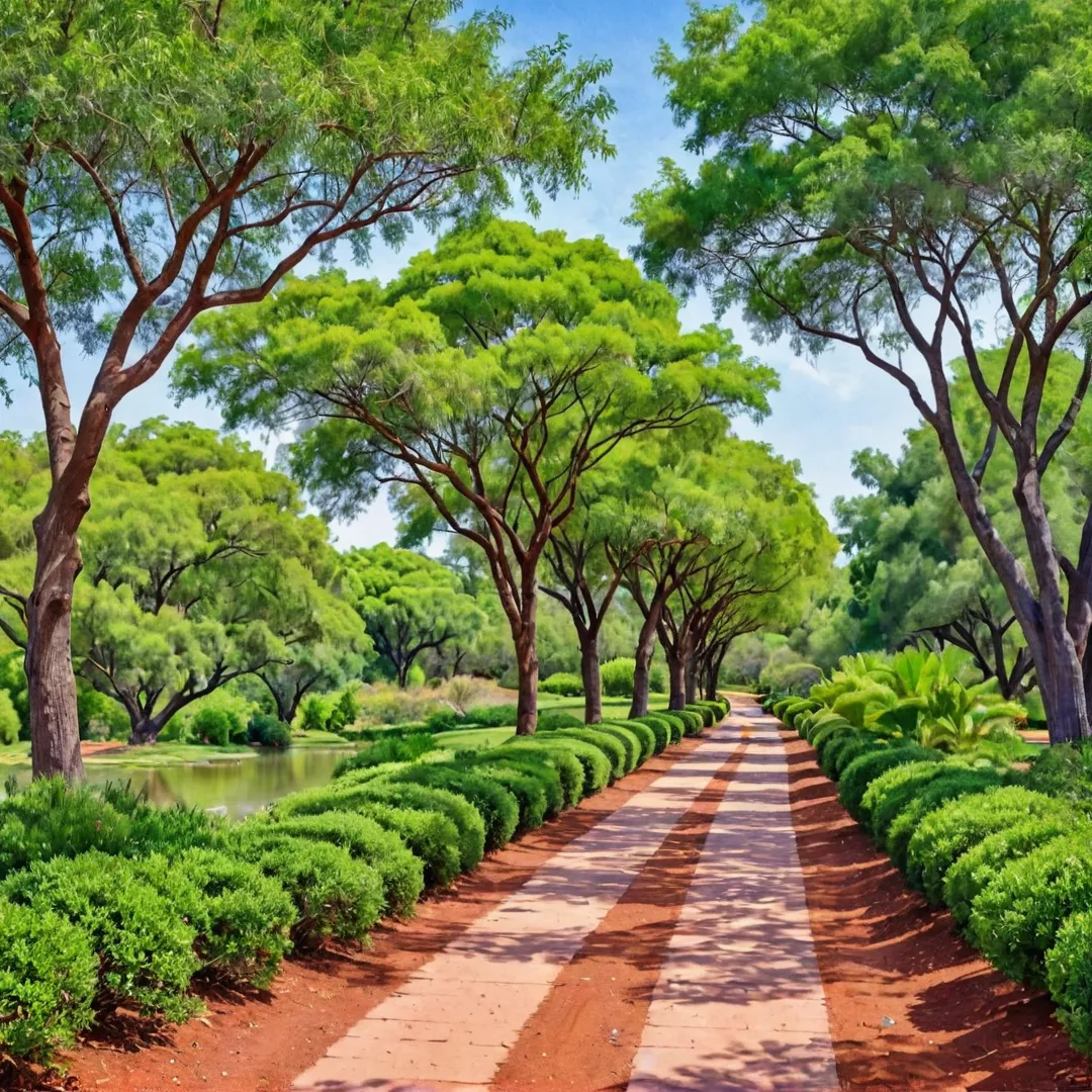 olorful landscape photo, lush greenery, red soil, serene environment, Jacaranda Mimosaefolia trees, Spanish cherry trees, walking trails, parks